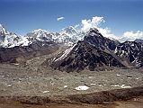 Gokyo 4 Nameless Fangs 6-1 Wide View From Nameless Fangs - Nguzumpa Glacier, Everest The view to the east from the Nameless Fangs north of Gokyo includes the Nguzumpa Glacier, Everest and Lhotse.